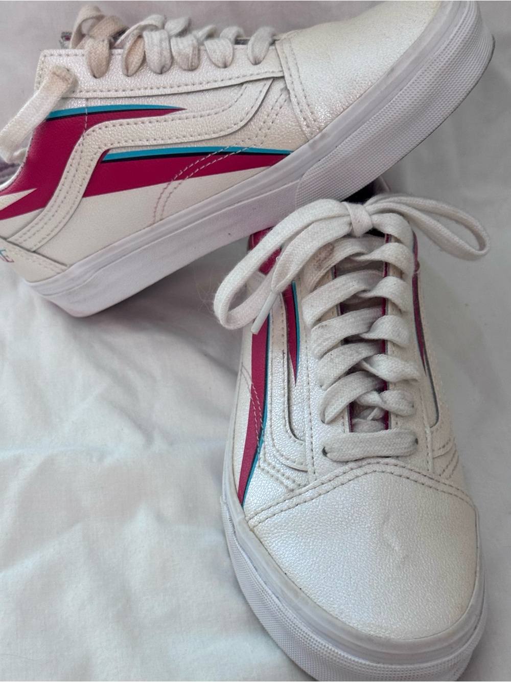 Vans White Low-Top Sneakers with Pink & Teal Stripes